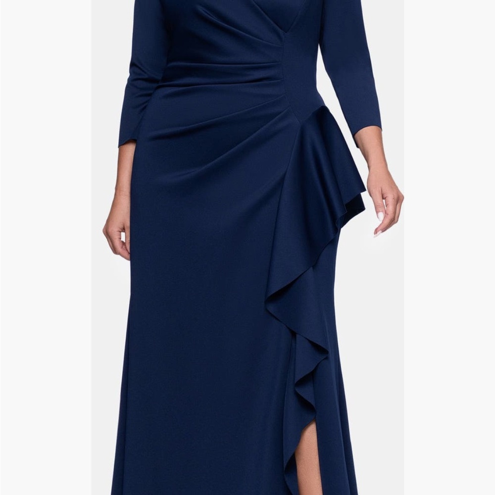 Xscape Navy Blue Long Sleeve Ruffle Evening Gown - Picture 4 of 9
